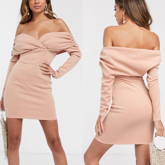 ASOS Dresses & Skirts - ASOS Nude Pink Bardot Ruched Long Sleeve Dress